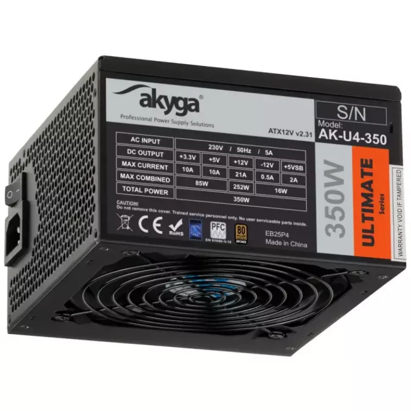 Akyga AK-U4-350 Ultimate 350 W ATX Power Supply, 80 PLUS Bronze, Active PFC, 120 mm Fan