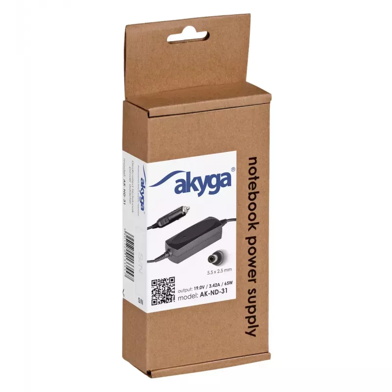 Akyga AK-ND-31 Car Laptop Power Adapter for Asus / Toshiba, 65 W, 19 V / 3.42 A, 5.5 x 2.5 mm, 12 V Input