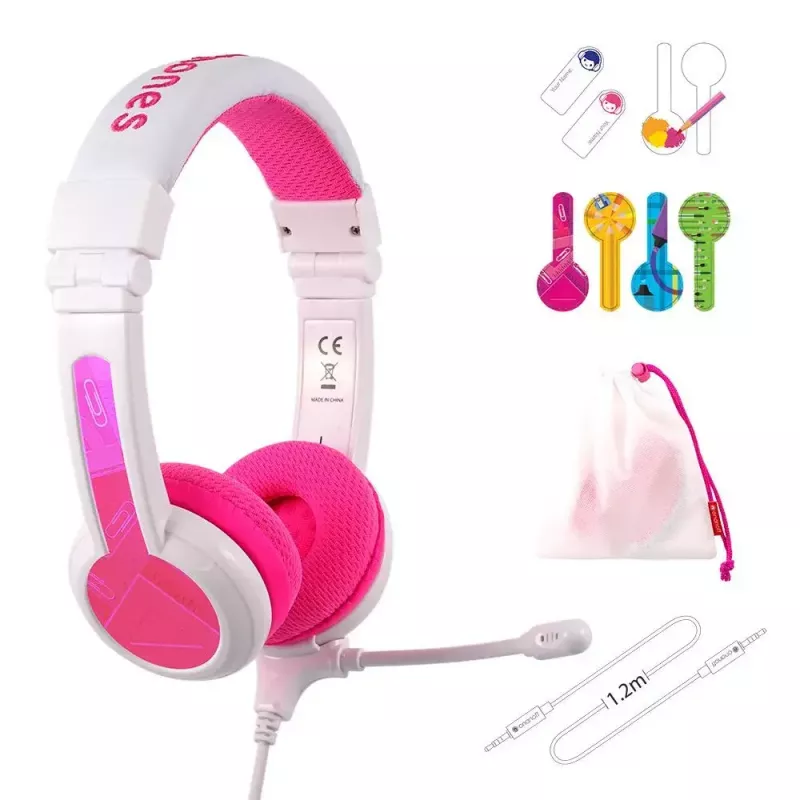 Headset buddy phones School+ wired head-band for calls and music, 20–20000 Hz, 1.4 m cable, pink/white