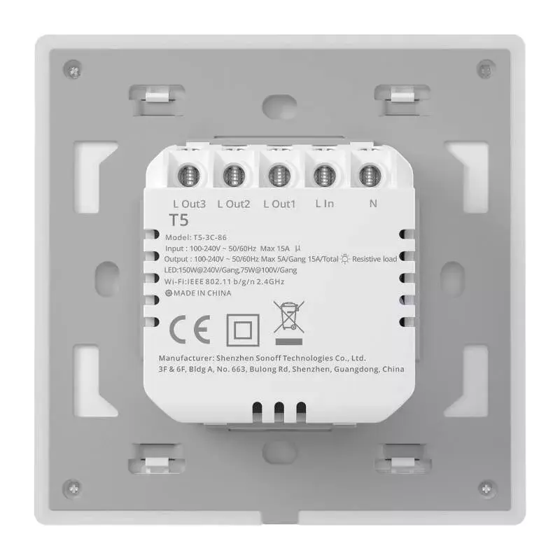 Wall smart switch Sonoff T5 3C 3-channel Wi‑Fi touch (flush-mounted)