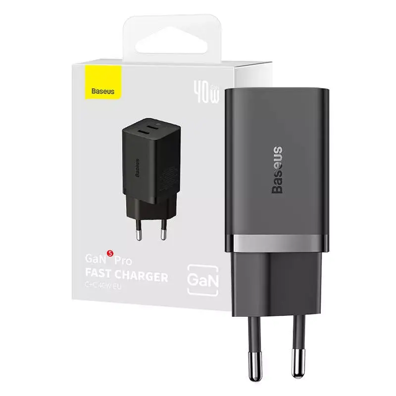 Baseus wall charger GaN5 40W, 2x USB C (Black)