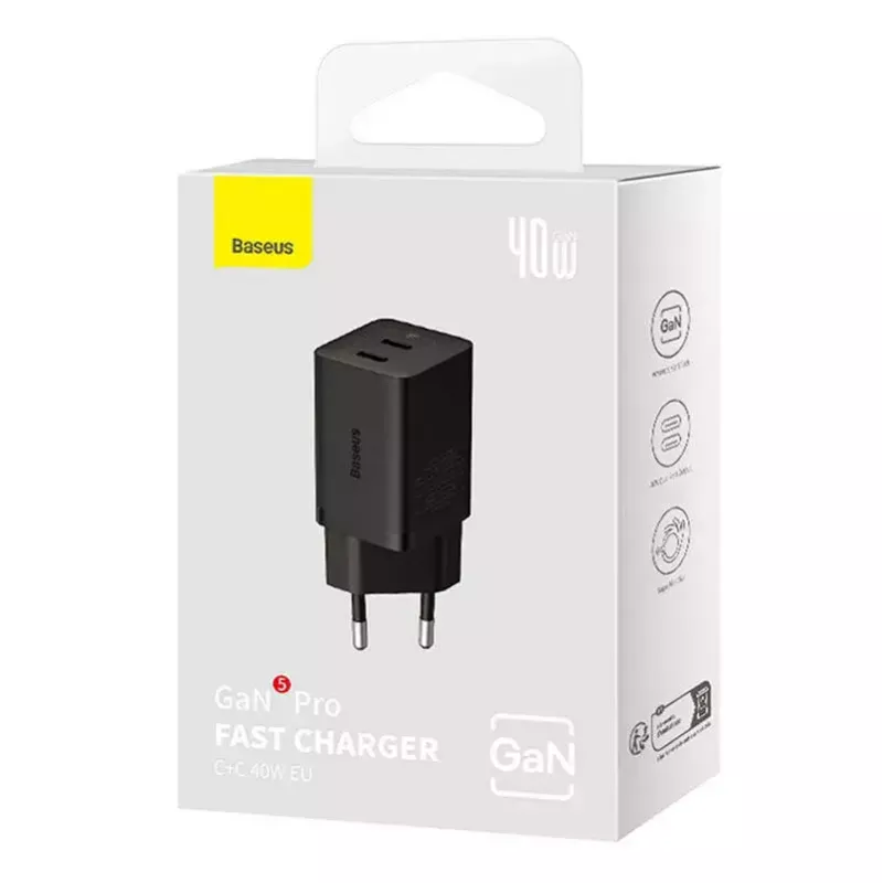 Baseus wall charger GaN5 40W, 2x USB C (Black)