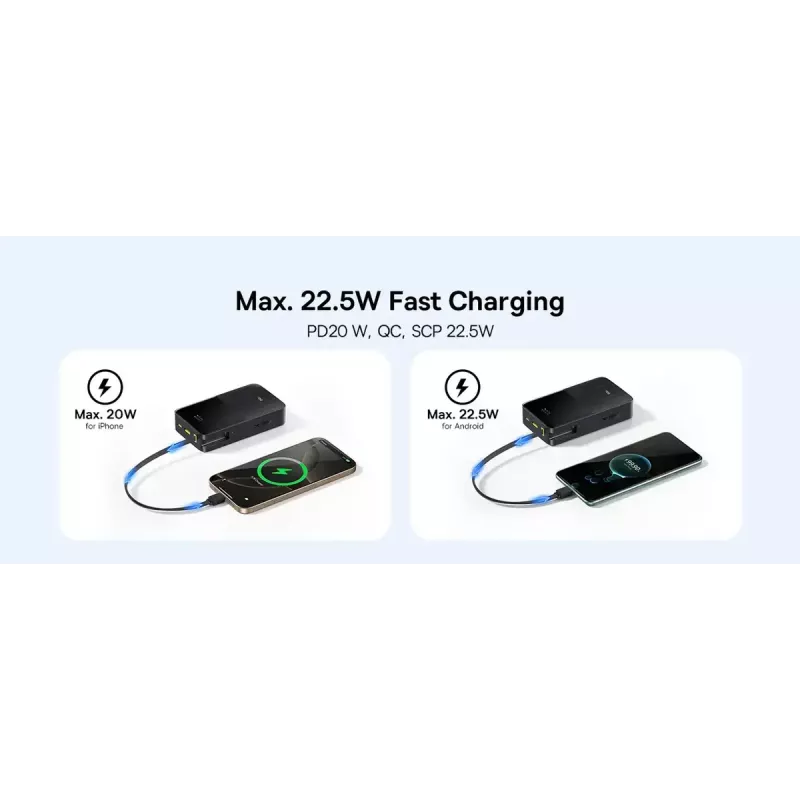 Power bank Baseus EnerFill Bipow2 Pro — 20000 mAh, PD 3.0 & QC 3.0, 22.5W, 1×USB-A + 1×USB-C, Black, up to 3 devices