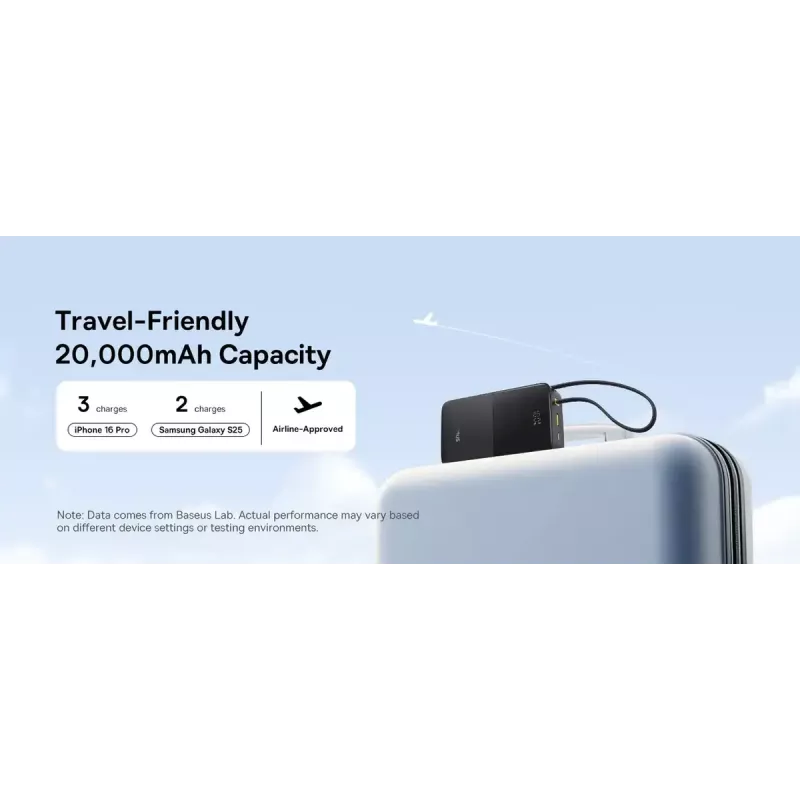 Power bank Baseus EnerFill Bipow2 Pro — 20000 mAh, PD 3.0 & QC 3.0, 22.5W, 1×USB-A + 1×USB-C, Black, up to 3 devices