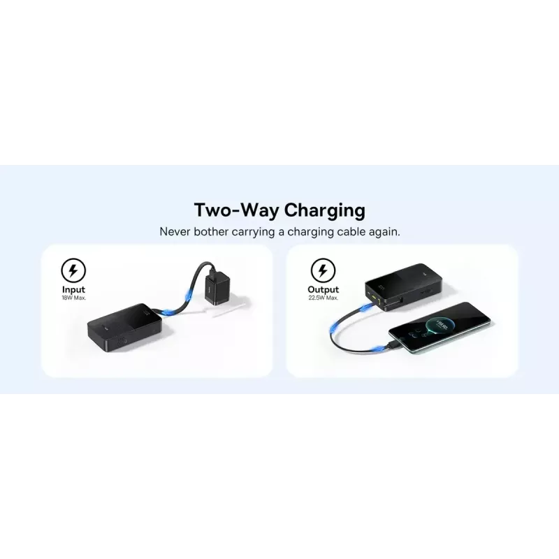 Power bank Baseus EnerFill Bipow2 Pro — 20000 mAh, PD 3.0 & QC 3.0, 22.5W, 1×USB-A + 1×USB-C, Black, up to 3 devices