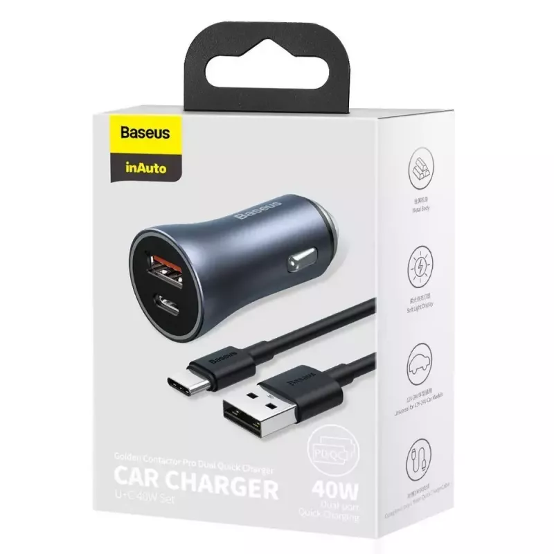 Car charger Baseus TZCCJD-0G 40W Dark Gray — USB vehicle power adapter, 40W output