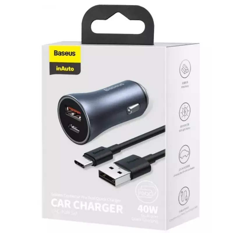 Car charger Baseus TZCCJD-0G 40W Dark Gray — USB vehicle power adapter, 40W output