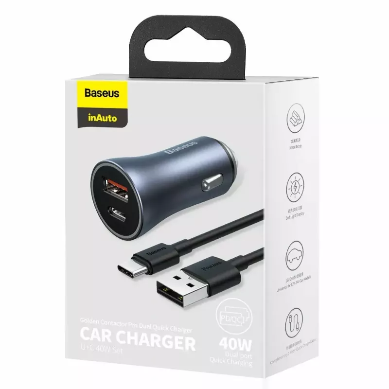 Car charger Baseus TZCCJD-0G 40W Dark Gray — USB vehicle power adapter, 40W output