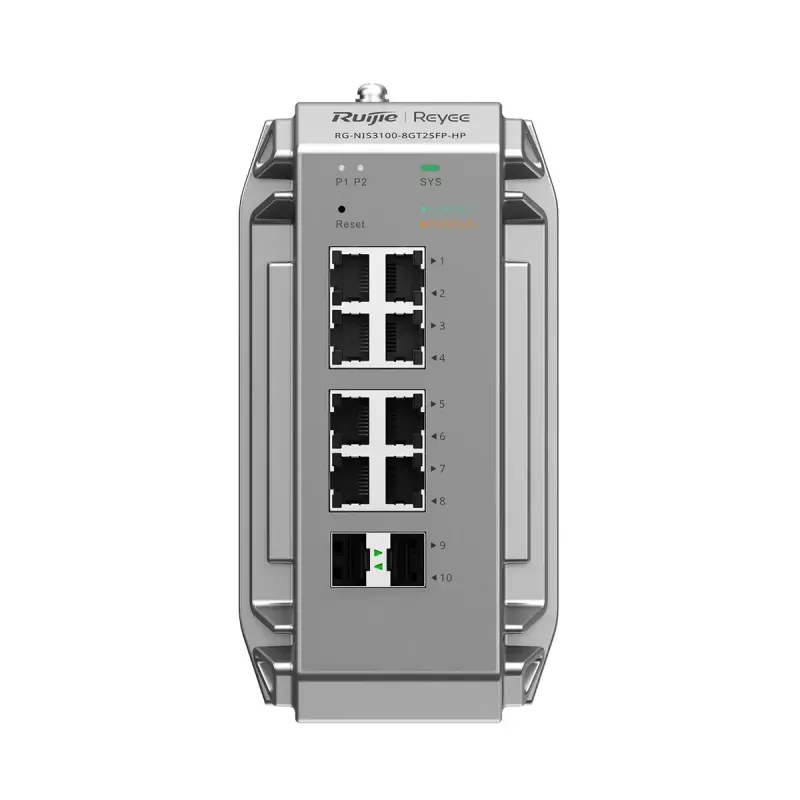 Managed L2 Network Switch Ruijie RG-NIS3100-8GT2SFP-HP — 8× Gigabit RJ-45, 2× SFP, PoE, 12–56V DC, 20 Gbit/s, 8000 MAC, Grey