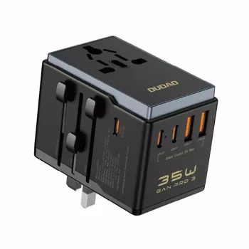 Travel adapter Dudao A35Pro 35W with 3× USB-C and 2× USB-A, multi-plug EU/UK/AUS/US/JP — black