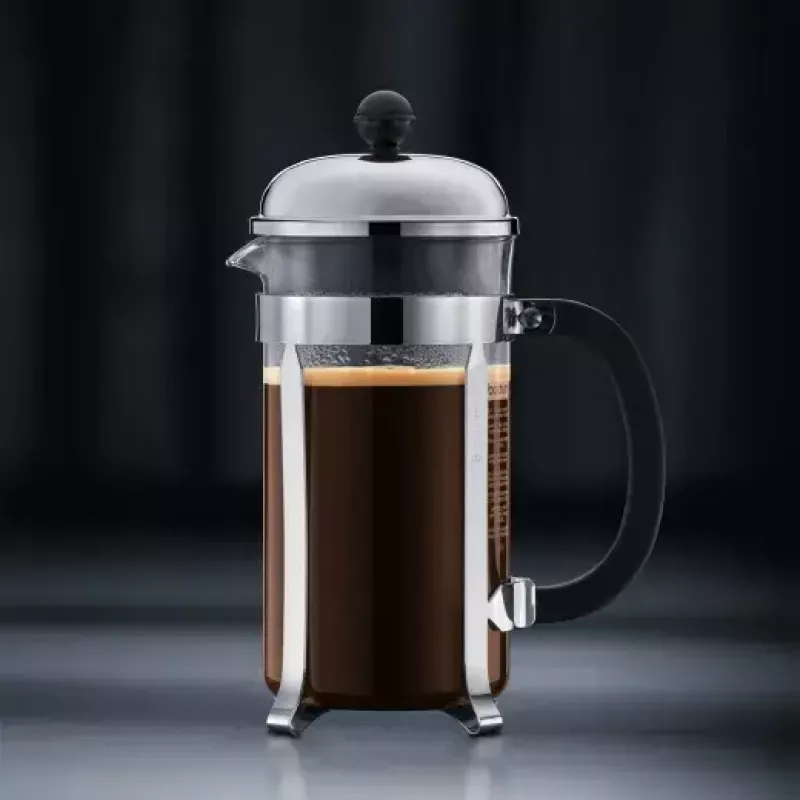 French Press coffee maker BODUM Chambord 8-cup, black frame with chrome and glass carafe