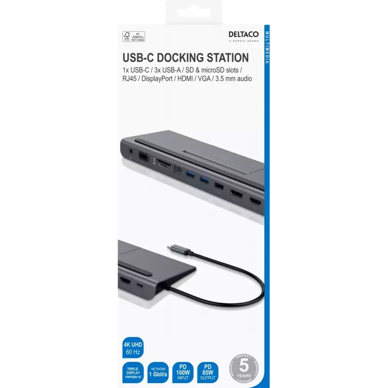Laptop dock Deltaco USBC-DOCK2 Wired USB 3.2 Gen 1 Type-C Grey