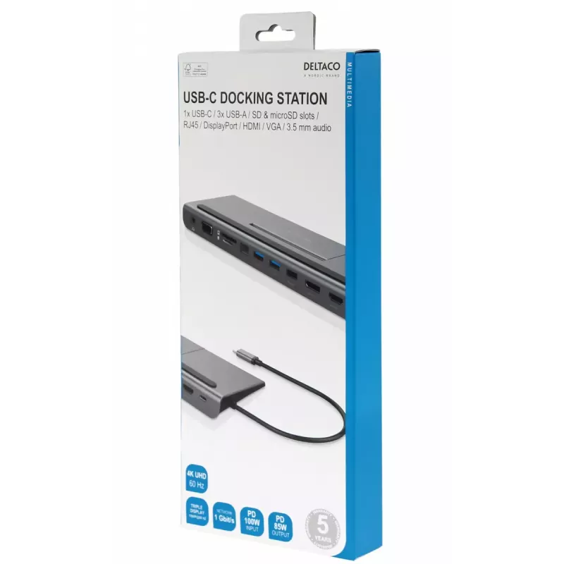 Laptop dock Deltaco USBC-DOCK2 Wired USB 3.2 Gen 1 Type-C Grey