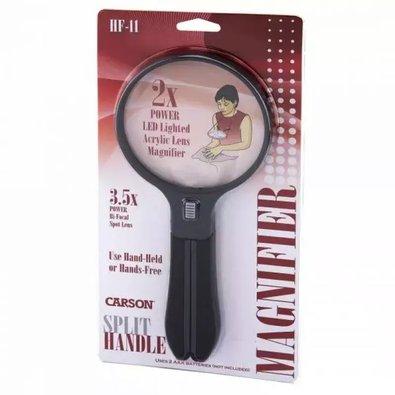 Magnifier Carson Split Handle HF-11 — 3.5× handheld magnifying glass, black/transparent, AAA battery