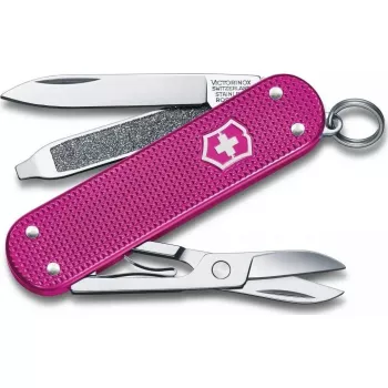 Pocket knife Victorinox Classic SD Alox Flamino Party red — compact multi-tool with blade, scissors, nail file, screwdriver, keyring