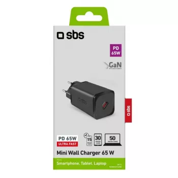 SBS Mobile indoor AC fast charger TETRGAN1C65W — 100–240V, 1x USB-C, black, for smartphone tablet laptop smartwatch headphones