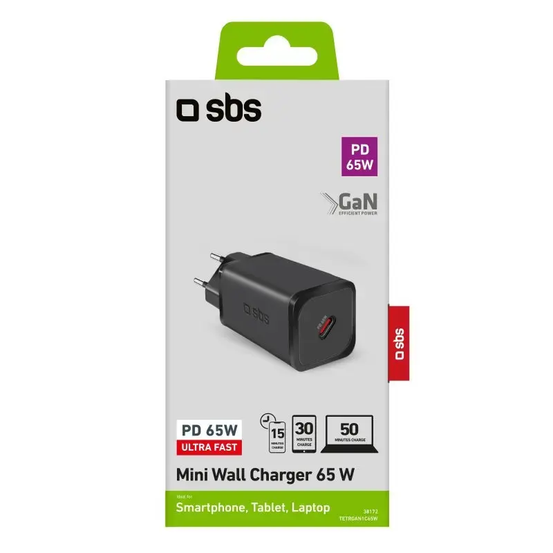 SBS Mobile indoor AC fast charger TETRGAN1C65W — 100–240V, 1x USB-C, black, for smartphone tablet laptop smartwatch headphones