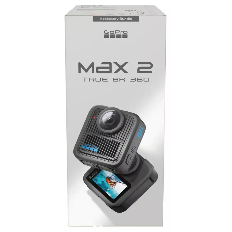 Action camera GoPro MAX2 with 8K Ultra HD, 29.5 MP sensor, 100 fps, LCD display, GPS, Wi‑Fi — accessories bundle