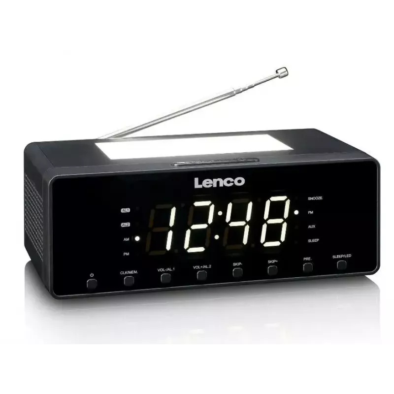 Clock radio Lenco CR540BK — FM alarm clock, 1.2 inch LED display, dimmable night light, USB charging, stereo speakers