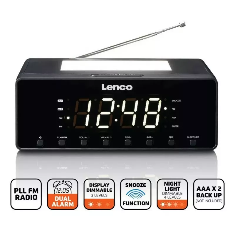 Clock radio Lenco CR540BK — FM alarm clock, 1.2 inch LED display, dimmable night light, USB charging, stereo speakers