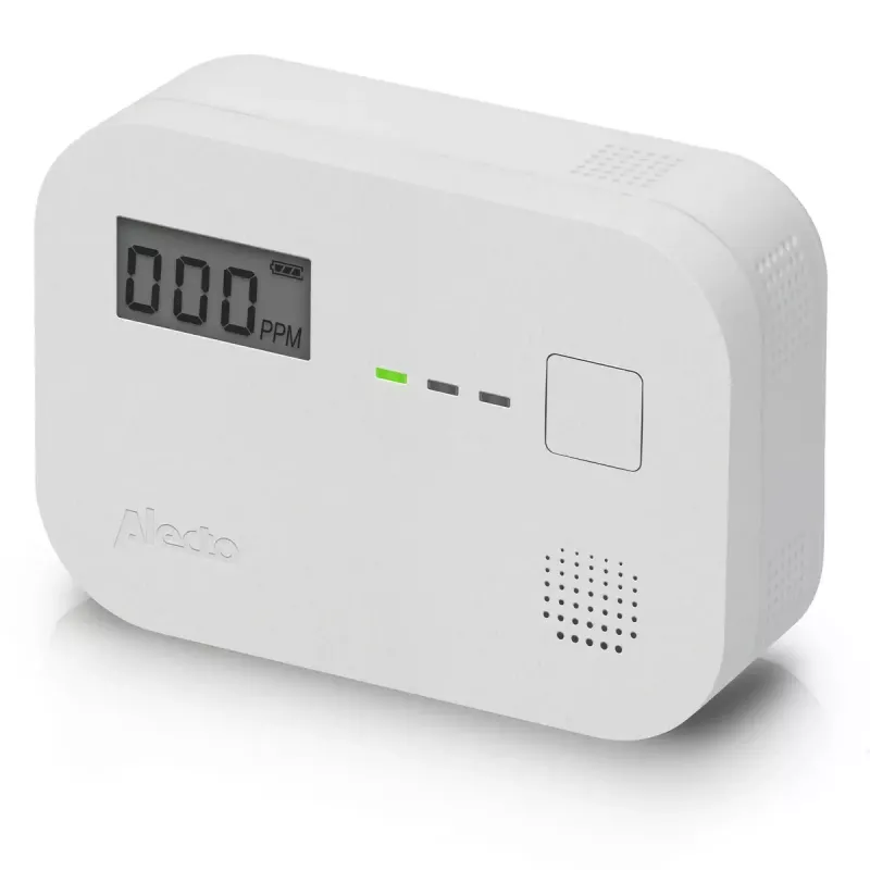 Carbon monoxide detector Alecto COA3910 — electrochemical CO sensor, battery-powered, white, 110×78×37 mm