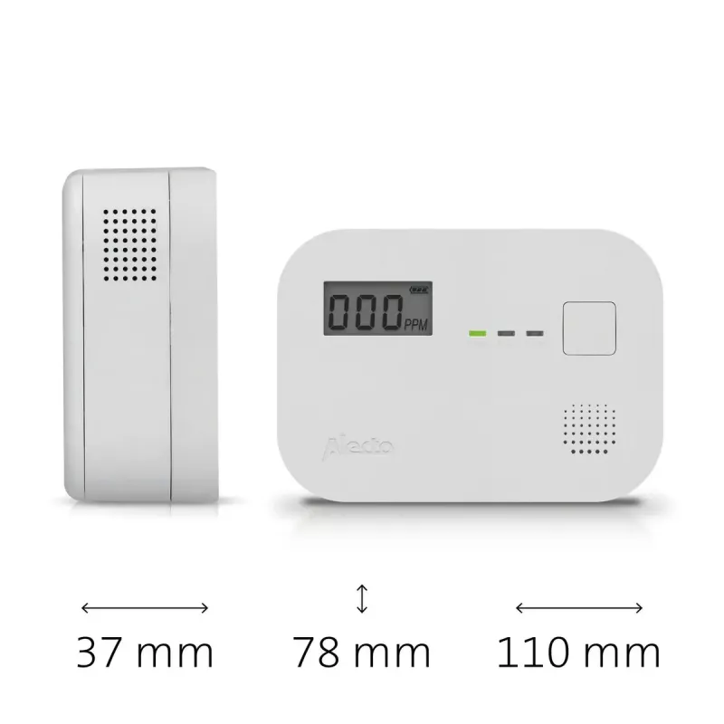 Carbon monoxide detector Alecto COA3910 — electrochemical CO sensor, battery-powered, white, 110×78×37 mm
