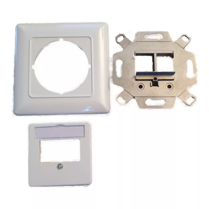 EFB Elektronik 2‑Port Keystone Frame Set ET-25091 — straight DIN49075 outlet, RAL9003 white, 80×80 mm frame with 50×50 mm central plate