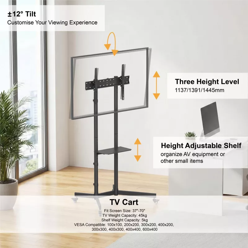 GEMBIRD Mobile TV Stand on Wheels Tilt Adjustment 37 - 70inch