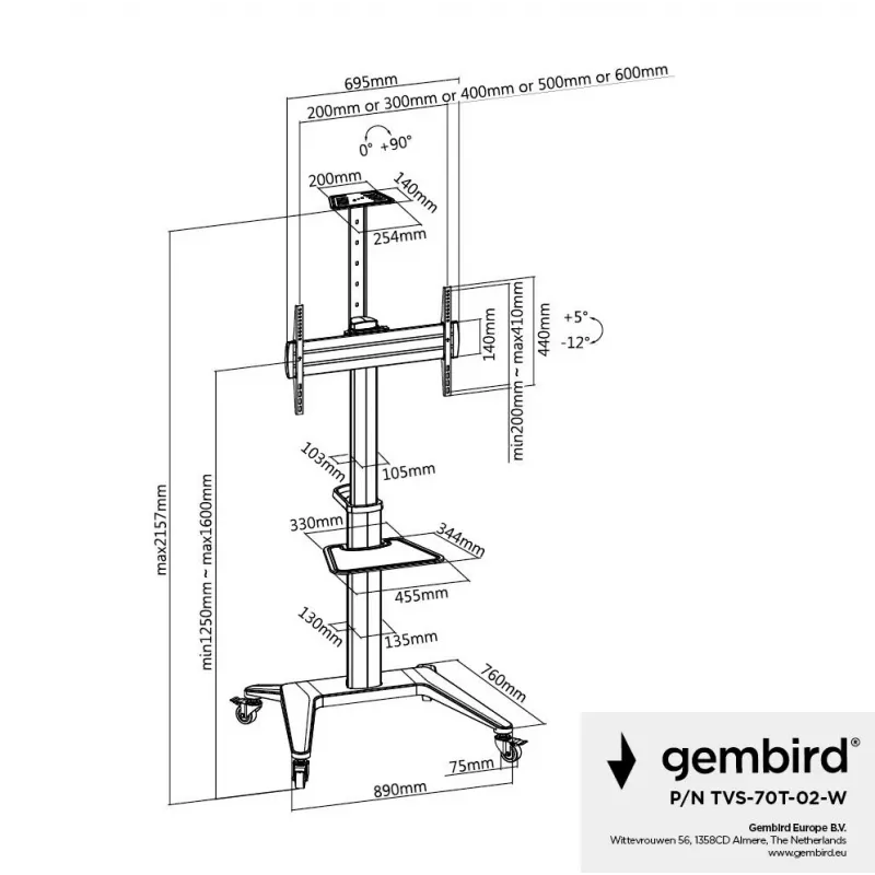TV Set Accessory Floor Stand 37-70/WHITE TVS-70T-02-W Gembird
