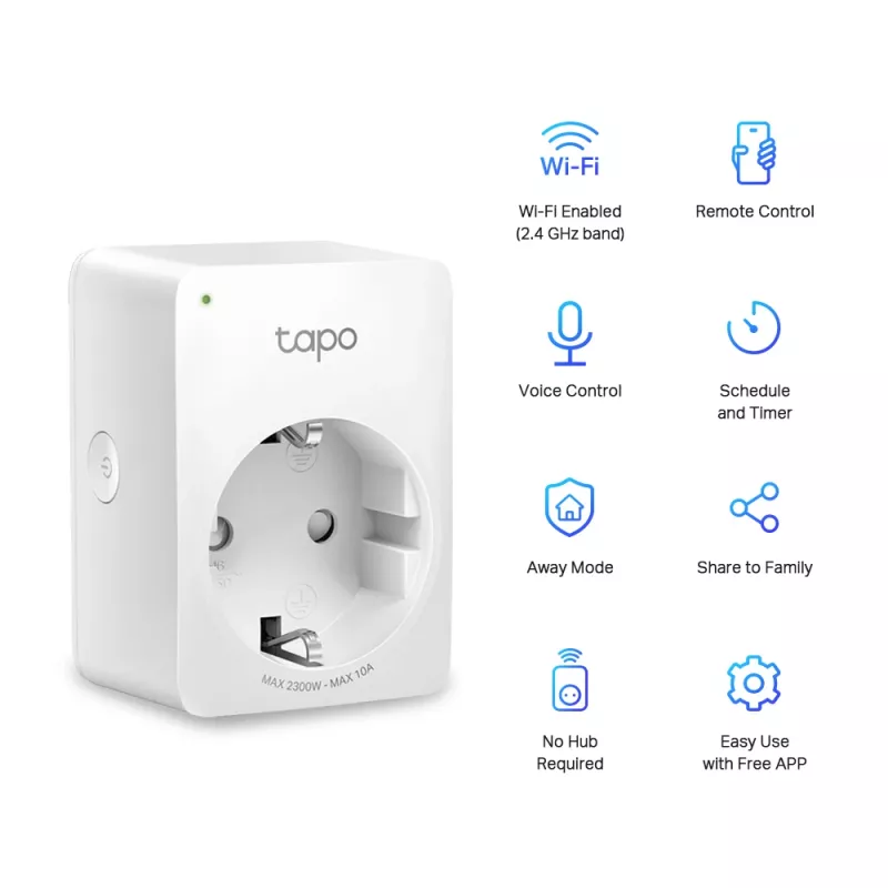 TP-Link Tapo Mini Smart Wi-Fi Socket, Indoor, White, Home, Polycarbonate (PC), Status, CE, RoHS