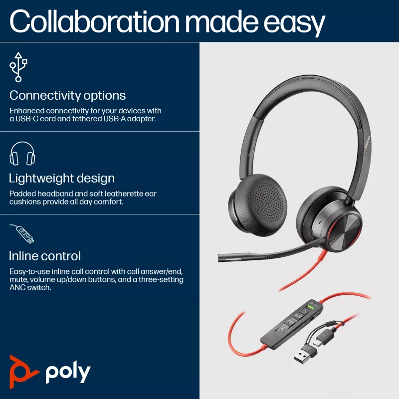 HP Poly Blackwire 8225 Stereo USB-C Headset +USB-C/A Adapter