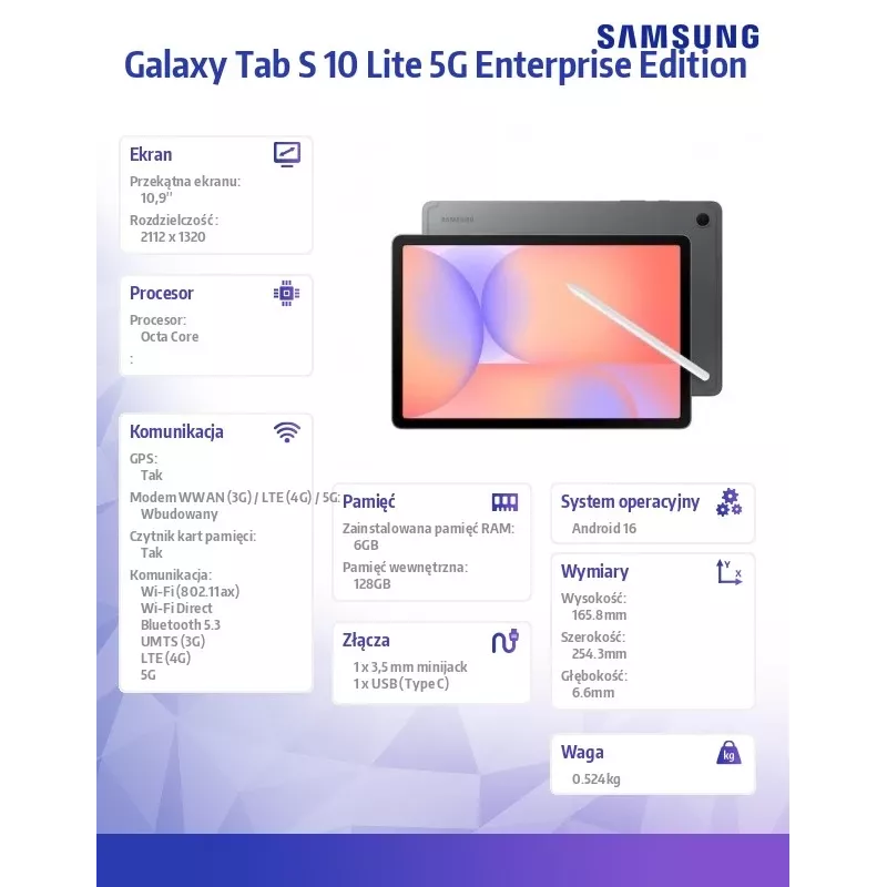 Tablet Galaxy Tab S 10 Lite X400EE 10.9 inches 5G 6/128GB Enterprise Edition grey