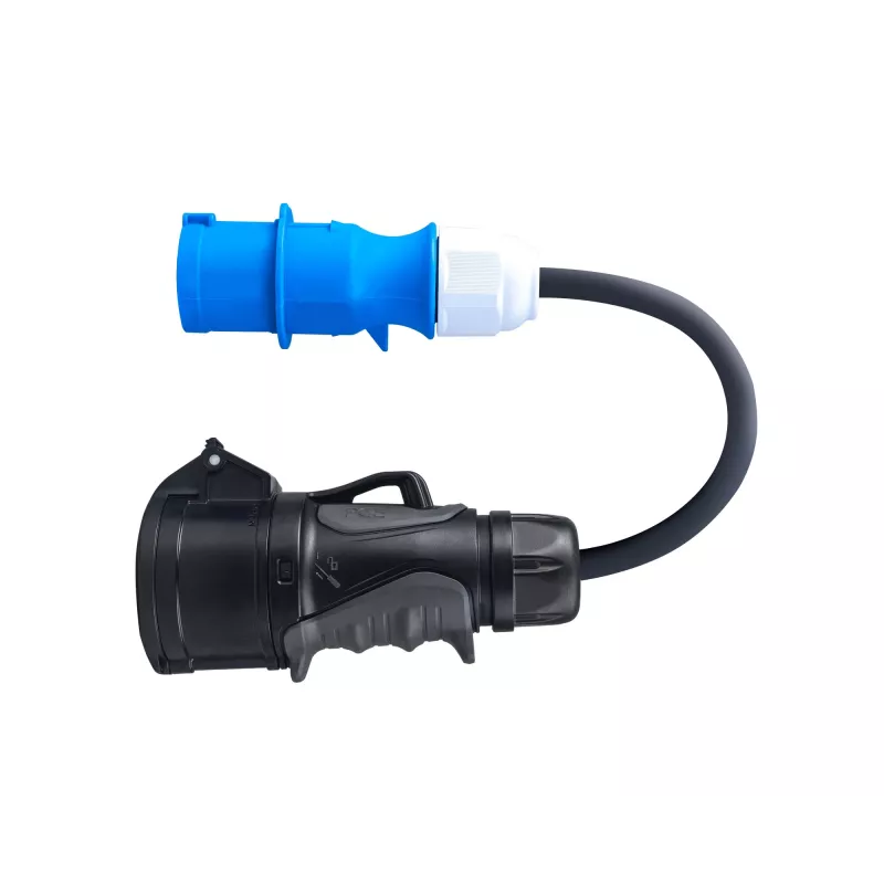 Adapter from red 16A 400V CEE coupling 5-pole socket to blue 16A 230V CEE 3P