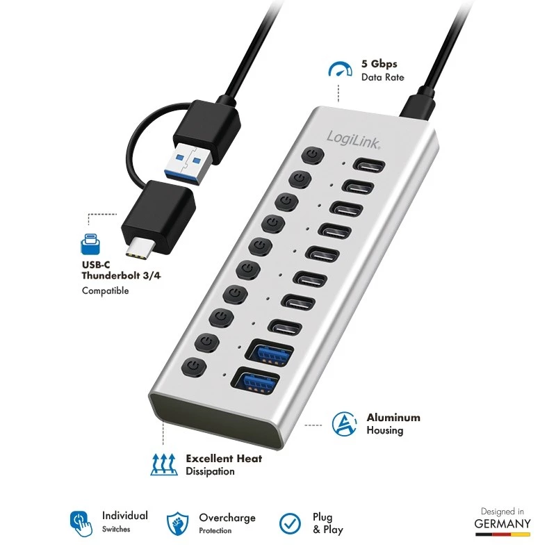 Hub USB3.2 Gen1 10ports USB-A/C, on/off switch