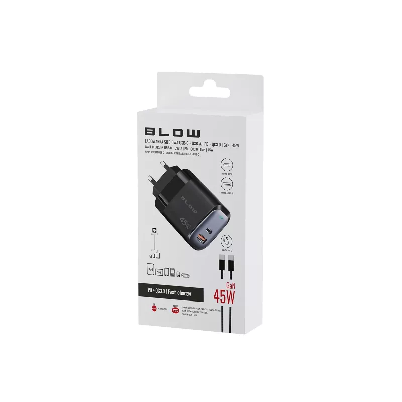 Wall charger USB-A USB-C PD 45W + cable