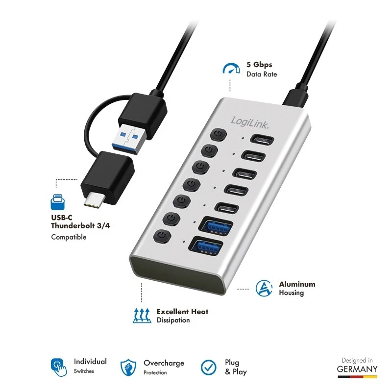 Hub USb3.2 Gen1 7 ports USB-A/C, on/off switch