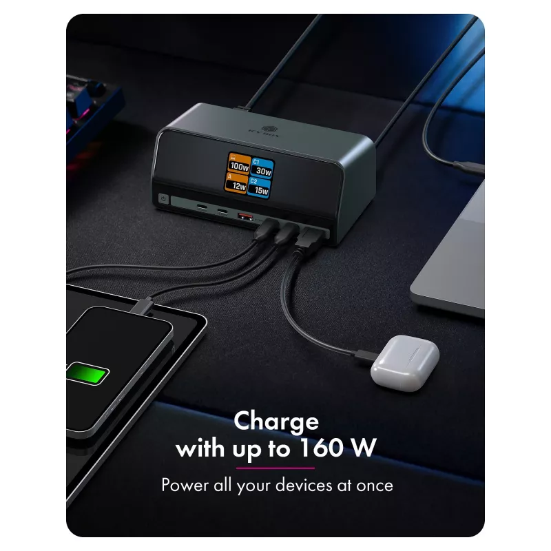 11-in-1 DockingStation mit Power Delivery Lade-Ports und großem LCD-Display, mit 160 W GaN Lade-Adapter