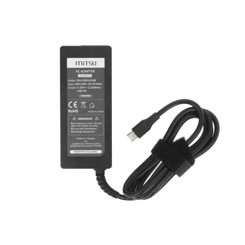 Laptop charger power supply 65W USB-C 5V-9V-12V-15V-20V/3A, 20V/3.25A PD