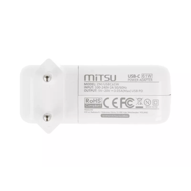 Laptop charger power supply 61W USB-C 5V-9V-12V-15V-20V-20.3V/3A PD