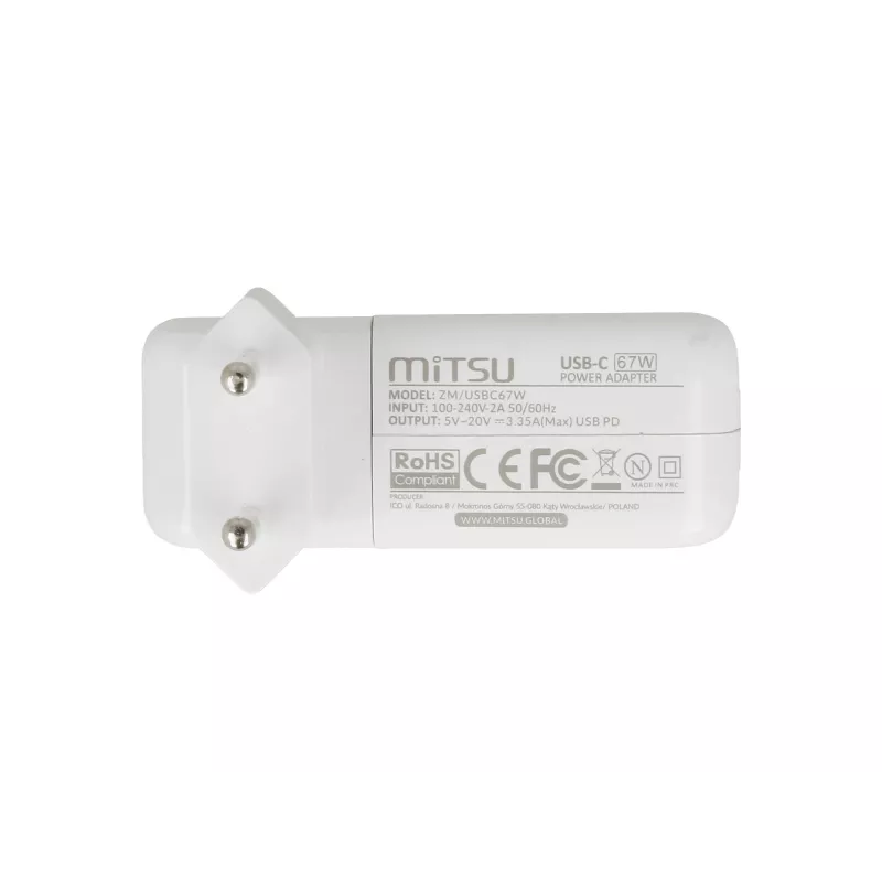 Laptop charger power supply 67W USB-C 5V-9V-12V-15V/3A, 20V/3.35A PD