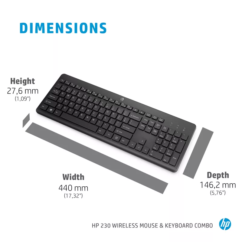 HP 230 Wireless Mouse and Keyboard Combo, Full-size, Wireless, RF Wireless, Membrane, Black, Mouse included