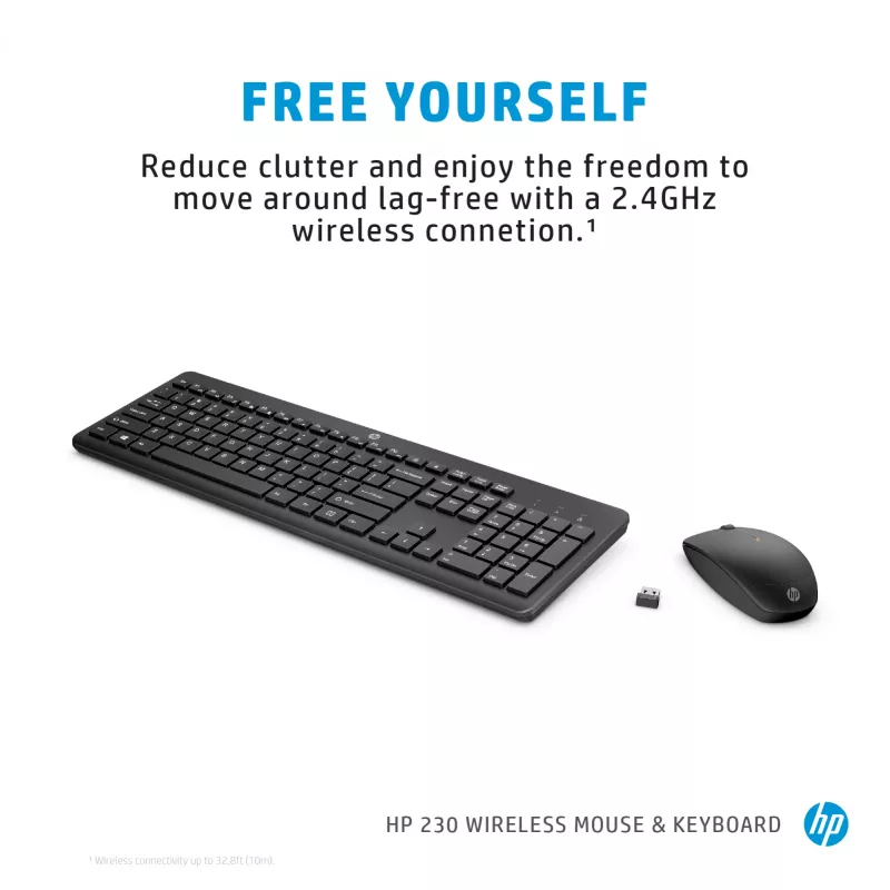 HP 230 Wireless Mouse and Keyboard Combo, Full-size, Wireless, RF Wireless, Membrane, Black, Mouse included