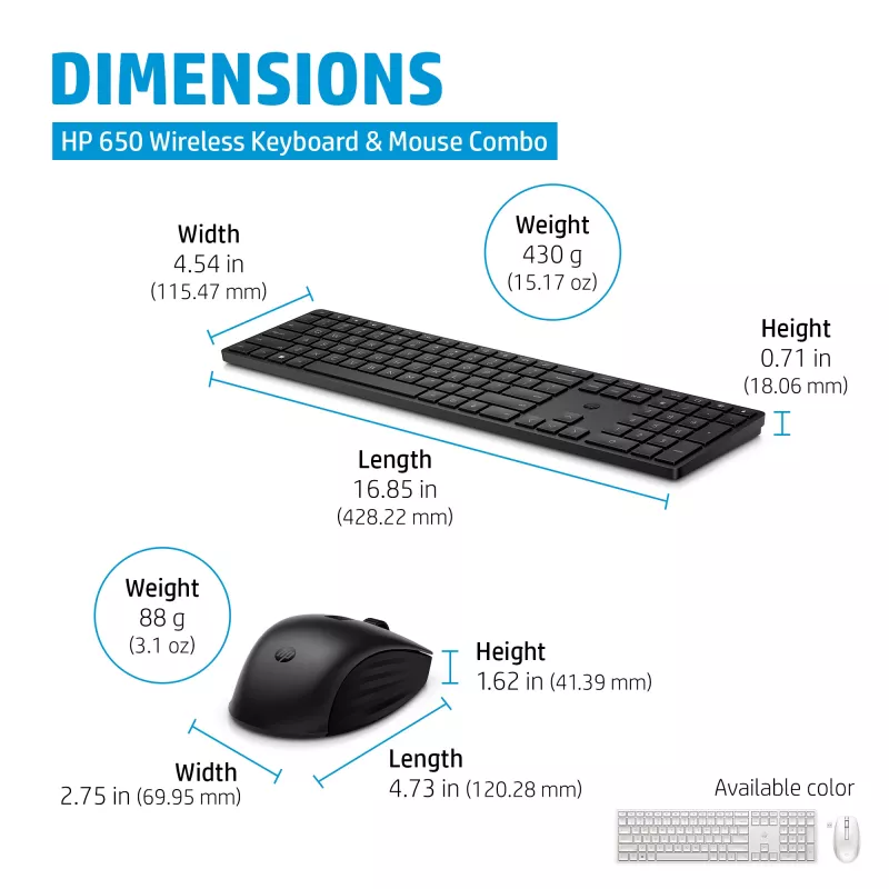 HP 650 Wireless Keyboard and Mouse Combo, Full-size (100%), Wireless, RF Wireless, Membrane, Black, Mouse included