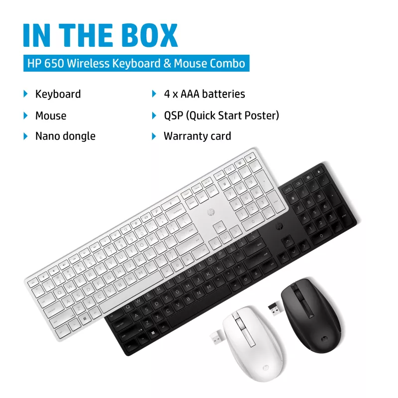 HP 650 Wireless Keyboard and Mouse Combo, Full-size (100%), Wireless, RF Wireless, Membrane, Black, Mouse included