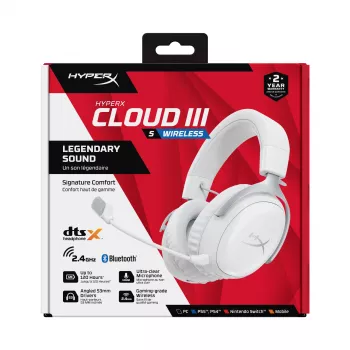 HyperX Cloud III S - Wireless Gaming Headset (White), Wireless, 20 - 20000 Hz, Gaming, 340 g, Headset, White