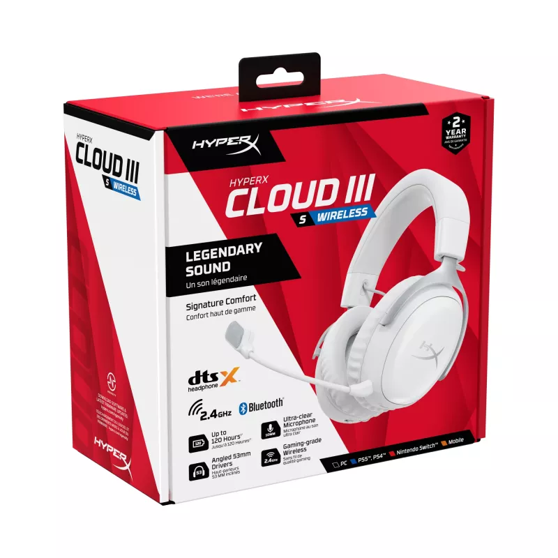 HyperX Cloud III S - Wireless Gaming Headset (White), Wireless, 20 - 20000 Hz, Gaming, 340 g, Headset, White