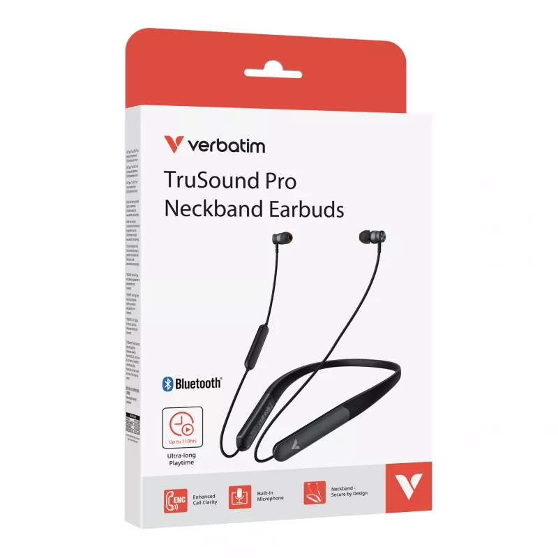 Verbatim TruSound Pro Neckband Earbuds Black, Wireless, Music/Everyday, 20 - 20000 Hz, 74 g, Headset, Black