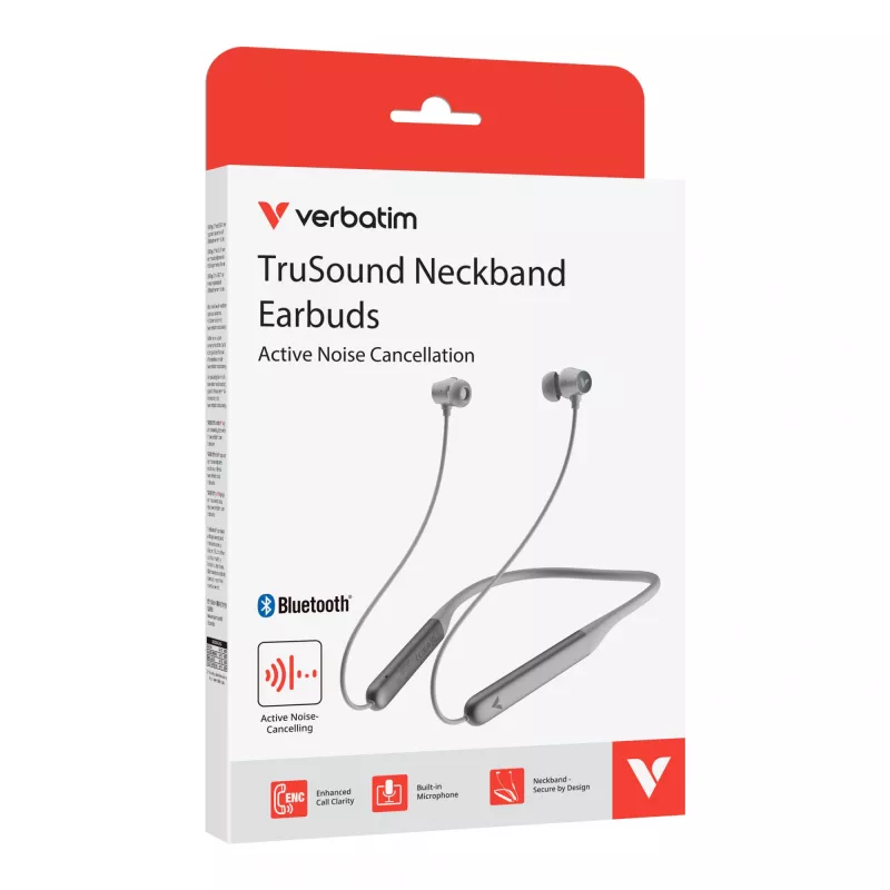 Verbatim TruSound ANC Neckband Earbuds Grey, Wireless, 20 - 20000 Hz, Music/Everyday, 46.5 g, Headset, Grey