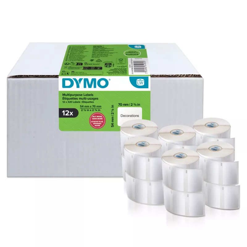 DYMO Authentic LabelWriter Multi-Purpose Labels | 54 mm x 70 mm | Self Adhesive | 12 Rolls of 320 Easy-Peel Labels (3,840 Count) | for LabelWriter Label Makers | Made in Europe