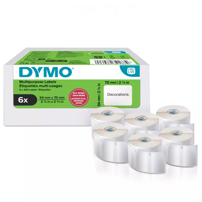 DYMO Authentic LabelWriter Multi-Purpose Labels | 54 mm x 70 mm | Self Adhesive | 6 Rolls of 320 Easy-Peel Labels (1,920 Count) | for LabelWriter Label Makers | Made in Europe